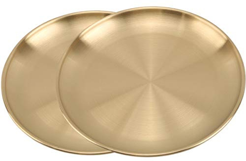 AIYoo Stainless Steel Gold Plates 2 Set Round Stainless Steel Dinner Dishes Metal Trays 5.5 Inch Great for Picnic,Outdoor Camping Plate,Shatterproof, Dishwasher Safe
