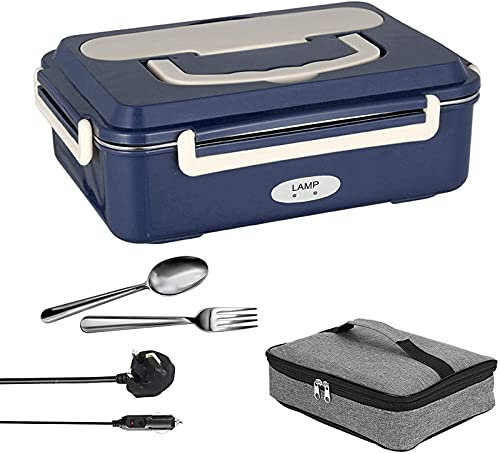 DANM Lunch Box Elettrico Scaldavivande Ad Alta Potenza Scaldavivande Portatile 1.5l Lunch Box di Grande capacità Contenitore Rimovibile in Acciaio Inossidabile Forchetta e Cucchiaio per Auto,Blue-C