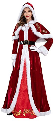 BOTCAM Julklänning damer cosplay prinsessklänning vintage häxklänning gotisk klänning babydoll cocktailklänning damer elegant lång kostym sammetsklänning huvtröja med bälte och handskar, röd, XXL