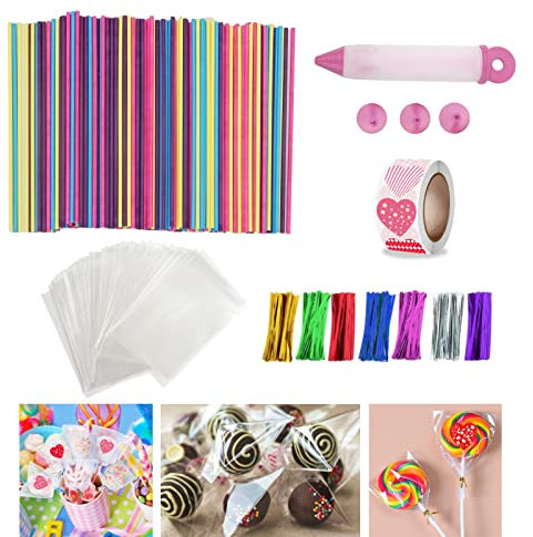 200 Coloured Cake Pop Sticks + Cake Pop Bags + Twist Ties + Treat Bag Stickers + Decorating Pen, Packing Supplies for Lollipop Chocolate Candy Snacks