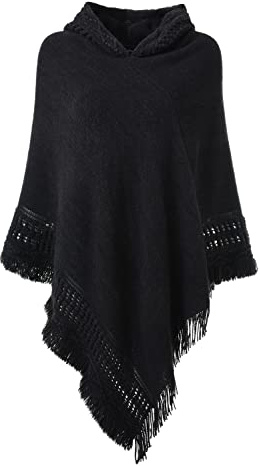 Ferand Chic Poncho Cape à Capuche en Crochet Chaud pour l' Automne Hiver Femme - Taille unique - Noir