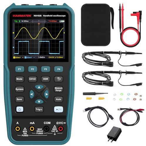 HANMATEK 3 in 1 Handheld Oszilloskop Multimeter 100MHz Wellenformgenerator Oszilloskop mit 2 Kanälen 3,5TFT, HO102S Professionelles Oszilloskop Multimeter mit Speicherfunktion
