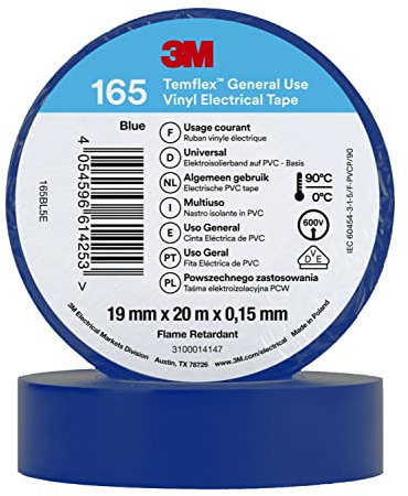 3M Temflex 165 - Cinta aislante (vinilo, 0,152 mm x 19 mm x 20 m), color azul