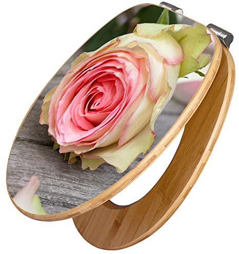 banjado Design WC Sitz Bambus Absenkautomatik 45,8x37,5cm / Toilettendeckel mit Absenkautomatik Holz/hochwertiger Bambus Klodeckel/WC-Sitz für gängigen Toiletten/Motiv Rosa Rose