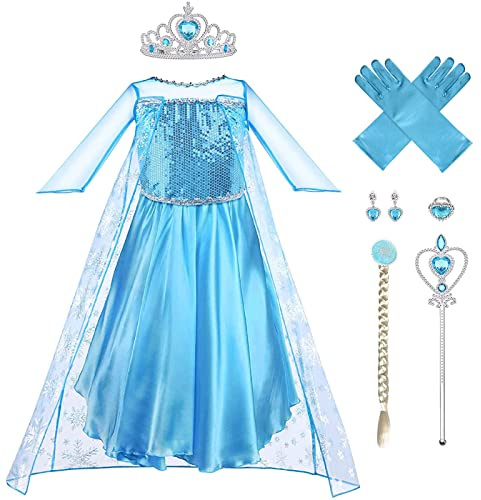 Vicloon ELSA klänning, ELSA-kostym, flicka med tiaror och trollstav, flickkostym, jul, halloween, utklädnad, karneval, cosplay, födelsedag, festklänning