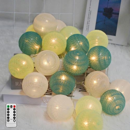 Ciskotu Baumwollkugeln Lichterkette, 20 LED USB Dimmbar Cotton Ball Lichterkette mit Fernbedienung und Timer, LED Kugeln Lichterkette Innen für Kinderzimmer Weihnachten Hochzeit Party (Grün)