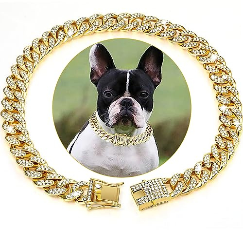 Goldene Hundekette, kubanisches Diamant-Halsband, goldfarben, Metallkette mit Design, sichere Schnalle, kubanischer Kristall, Schmuck, Halsband, Zubehör für Hunde und Katzen (Gold, 45,7 cm)
