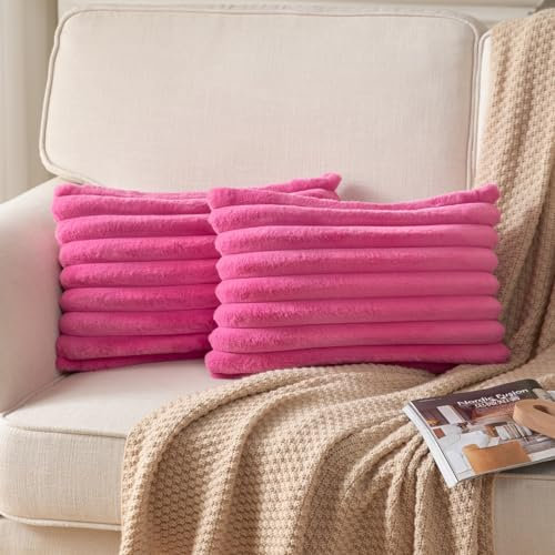 DEELAND Doppelseitige Kunstfell-Kissenbezüge, flauschig, gestreift, weich, für Sofa, Couch, Schlafzimmer, 2 Stück