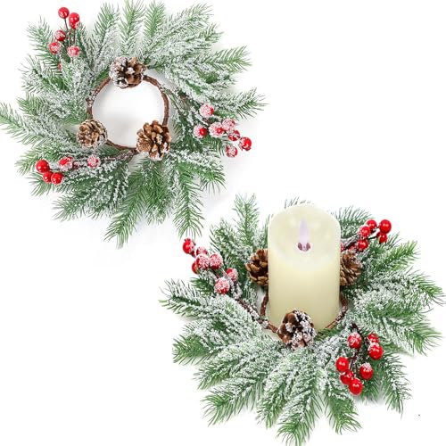 LARDUX 2 PCS Christmas Candle Rings - Candle Holder Wreaths with Artificial Pine Cone Berries Snowflake for Dinner Table Pillars Candlesticks Tealights Centerpiece Xmas Home Holiday Decor