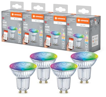 LEDVANCE Lampada LED SMART+ MATTER con riflettore attacco GU10, vetro, 4,9W, 350lm,luce colorata e luce bianca, compatibile con Google, Alexa, Apple, app o controllo vocale, fino 20.000 ore,conf. da 4