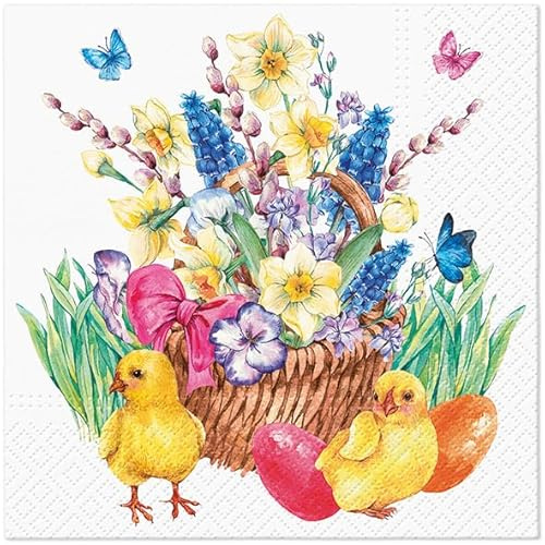 20 Servietten Ostern Küken an Blumenkorb als Tischdeko. Papierservietten mit Motiv. Auch für Decoupage und Serviettentechnik 33x33cm