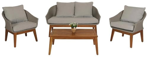 Mendler Gartengarnitur HWC-N37, Garten-/Lounge-Set Sofa Sitzgruppe, Poly-Rattan Holz Akazie - grau, Kissen hellgrau