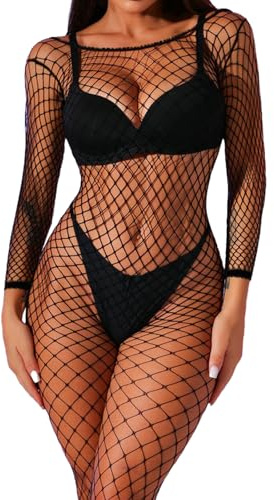 Tosmifairy Women's One Piece Bodycon Black Mesh Jumpsuit,Medium Hole Fish Net Club Outfit for Ladies