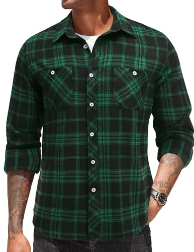 COOFANDY Herrenhemden Flanellhemd Langarm Kariertes Freizeithemd für Männer Holzfällerhemd Karohemd Mit Brusttaschen Check Shirt Baumwollhemd Grün/Schwarz XL
