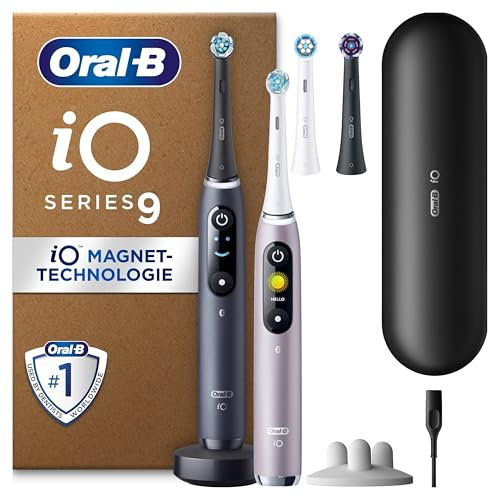 Oral-B iO 9 Spazzolini Elettrici, Nero e Rosa, Con Sensore Di Pressione Per Proteggere Gengive, Accessori, 2 Spazzole Di Ricambio Caricatore, Custodia Da Viaggio, Imballaggio In Cartone