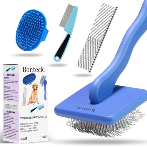 Bonteck Hundebürsten für Hunde Pflege Set 4-teilig I Große Hundebürste Langhaar für Pudelbürste Doodles Unterwolle I Lange Nadel Slickerbürste Badebürste und Hundekam Blau Dog Brush