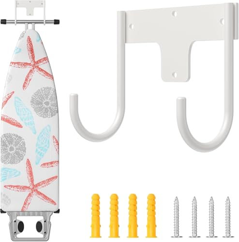 TJ.MOREE Metal Ironing Board Holder Wall Mount, Iron Board Hook for Laundry Rooms (Black)