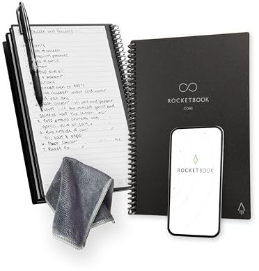 Rocketbook New Core wiederverwendbares Spiralbuch, Executive-Größe, 15,2 x 22,4 cm, schwarz – linierte Seiten, App-verbunden, löschbar, robuster Einband, ideal für Schule, Arbeit und kreative Projekte