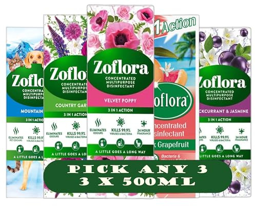 Zoflora Concentrated Multipurpose Disinfectant, Velvet Poppy, Country Garden, Grapefruit, Blackcurrant & Jasmine, 3 x 500ml | Mix & Match Any 3
