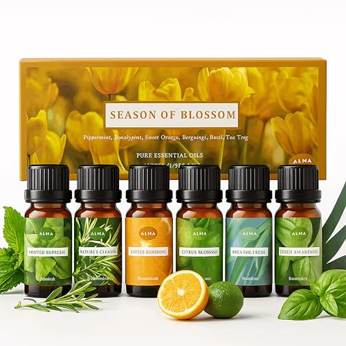 Alma Essence of Spring – Coffret huile essentielle aromathérapie – Lavande + Romarin – Sérénité et fraîcheur en diffusion – Géranium, Jasmin, Citronnelle & Camomille – 6 huiles essentielles 60ml | Coffret de senteurs pour diffusion et parfum d'intérieur