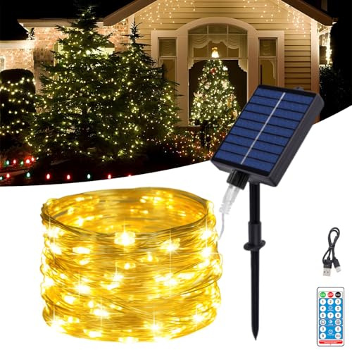 MOLVCE Solar Lichterkette Aussen, 10M 100LED Lichterkette Außen Solar, Kupferdraht Solarlichterkette IP65 Wasserdicht mit 8 Modi und Fernbedienung, Solarlichterkette für Balkon, Hof, Warmweiß