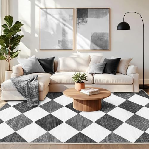 Chicnix Teppich Wohnzimmer Kurzflor 120x160, Schlafzimmerteppich Waschbar rutschfest, Weich Moderner Kariert Geometrisch Teppich für Schlafzimmer Kinderzimmer Büro Dekor Esszimmer, Grau Grau