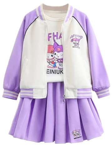 Satdflie Anime Kuromi Completo 3 Pezzi con Mini Gonna Plissettata e Maglietta Maniche lunghe e Giacca da Baseball College per Petite Donna Ragazze, Viola, XXS