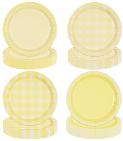 EVYIENEN Lot de 48 assiettes jetables en carton jaune de 17,8 cm avec motif à carreaux pour anniversaires, fêtes prénatales, mariages, camping et fêtes à thème, 4 designs différents