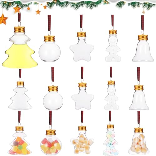 Zocipro 15 Stück Weihnachtsflaschen zum Befüllen, 50ml Transparente Weihnachtskugeln aus Kunststoff mit Deckel und Band, Christbaumschmuck zum Abfüllen von Weingetränken Ornamenten