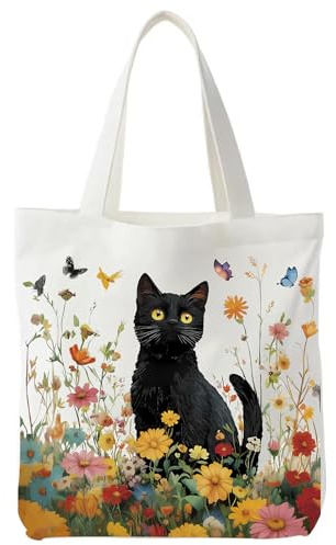 Yoljun Baumwolltasche Bedruckt mit Katze, Canvas Tote Bag Stoffbeutel Einkaufstasche Damen, Ästhetische Tragetasche Geschenk für Frauen Freundin Mama, Katzenmotiv Tasche für Geburtstag und Muttertag