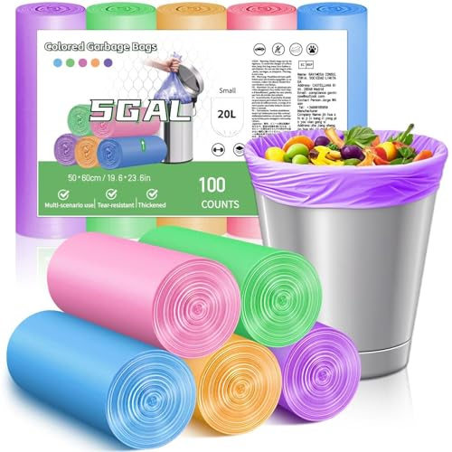 XUXRUS Bolsas de Basura 20-25 L de Colores, Resistentes y Duraderas, Antidesgarro y Antifugas, 100 Bolsas Basura para Baño, Cocina y Oficina, Fáciles de Usar