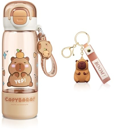 VorErgyllic Bouteille d'eau Capybara, Bouteille d'eau Portable pour Enfants - 420ml, Porte-clés en Silicone, Tritan Gourde, Couvercle À Ressort Portable, pour Enfants, l'école, bureau, voyages