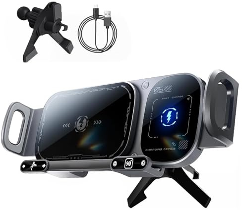 Baomaeyea Trådlös laddning roterande bilmontering, 15 W bilfäste med dubbel spole med automatisk klämning, 360° rotation skakskydd för handsfree telefonnavigering, universell telefonhållare för