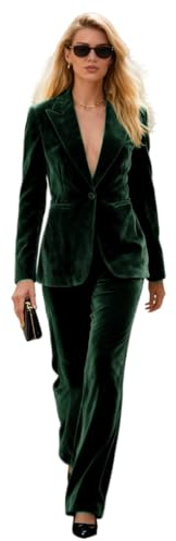 Botong - Completo da donna 2 pezzi in velluto con rever da lavoro per ufficio, completo da sposa, smoking, blazer e pantaloni, Verde scuro, XL