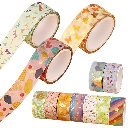 Simsky ‌12er-Set Washi Tape Weihnachten, 15mm x 3m Goldfolie Blumen Design – Buntes Masking Tape für Scrapbooking, DIY Journals, Geschenkverpackung – Dekoratives Washitape Set