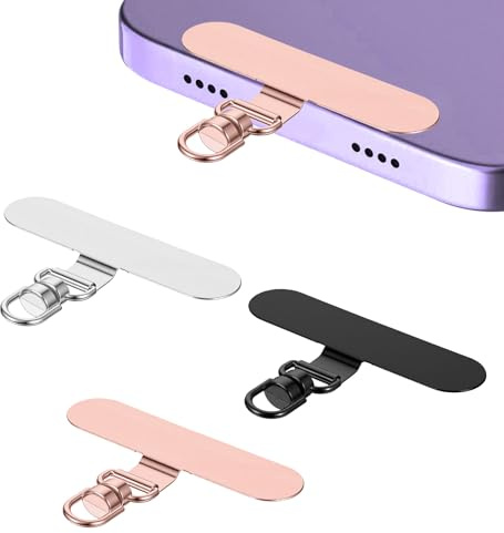 Thrymme Phone Tether Tab, 4 Pcs Metal Crossbody Phone Lanyard Patches for Smartphones - Stainless Steel Cellphone Tether Tags (Black, Silver, Rose Gold, 4.8 x 1.2 cm)
