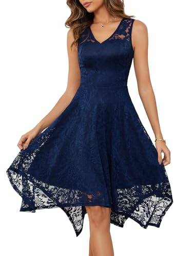 Meetjen Cocktail Dresses for Wedding Guest Formal Mother of The Bride Lace Handkerchief Hem Dress V-Neck 2026 Navy M