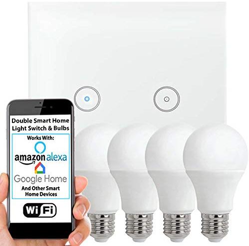 SMART HOME WiFi Light Switch & Bulb Kit | 4x 10W E27 Edison Cool White Lamp & Double Wireless Wall Outlet Face Plate & Remote Control Timer | White Gloss Glass Touch | Echo Alexa Voice Control | LED