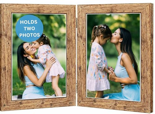 Double Photo Picture Frame 6 x 4, Ash, Holds 2 Photographs, Twin Hinged 6x4 10 x 15 cm Brown Frames 6x4 Photo Frames, 4x6 Photo Collage Gallery Display
