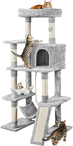 costoffs 159cm Cat Tree with Hammock, Light Grey | Climbing Ladder, Spacious Activity Centre, for Indoor Cats