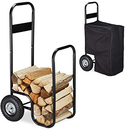 Relaxdays Carrello Porta Legna in Metallo, Telo Resistente alle Intemperie, 2 Ruote, 60 kg, Carrellino Trasporto, Nero