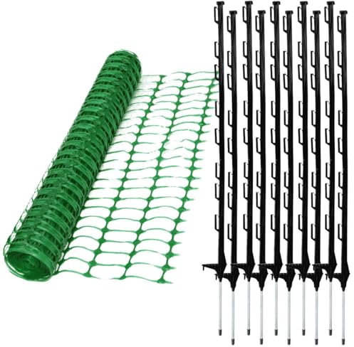 1m x 50m Green Mesh Barrier Safety Fence 110gsm & 10 Black Plastic Fencing Post Pins