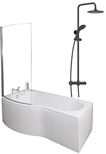 1700 x 900mm Left Hand P-Shaped Curved Shower Bath Bathroom Bathtub Glass Shower Screen Front End Panel & Thermostatic Mixer Shower Set Handheld Black Round Rainfall Head