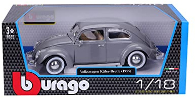 Bburago Volkswagen Skalbagge (1955): Modellbil i skala 1:18, dörrar, bagageutrymme och motorhuv rörlig, grå (18–12029G)