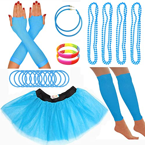 80er Jahre Kostüm Neon Zubehör Tutu Party Kostüm Erwachsene Beinwärmer Fischnetz Handschuhe 1980er Stil Halskette Perlen Neon Hoop Ohrringe Gummy Armbänder Damen Junggesellinnenabschied
