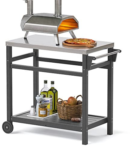 TORVA Movable Pizza Oven Trolley, Outdoor Food Prep Dining Table Cart with Stainless Steel Metal Top, BBQ Grill Stand for Kitchen Patio Backyard Garden, Gray Color