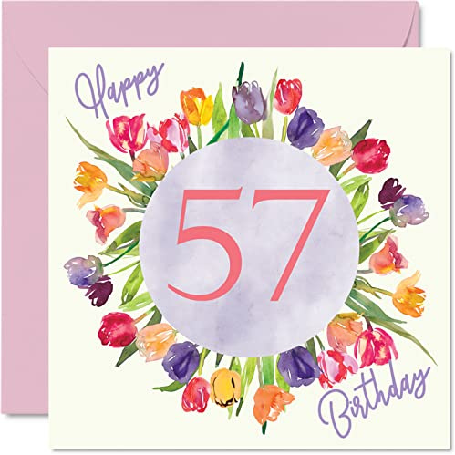 Stuff4 Schöne Geburtstagskarte zum 57. Geburtstag für Frauen | Aquarell Tulpen Blumen Bouquet
