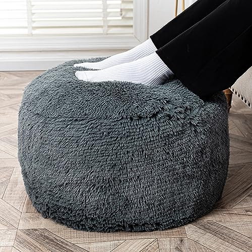 Pelz-Ottomanen-Hocker, ungefüllt, Fußhocker, ohne Füllung, Fußstütze, 50,8 x 30,5 cm, runder Sitzsack, faltbar, Aufbewahrung für Wohnzimmer, Schlafzimmer, nur dunkelgrau