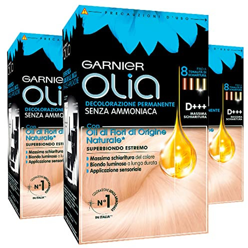 Garnier Olia Decolorazione Capelli Permanente Senza Ammoniaca con Oli di Fiori di Origine Naturale ad Azione Illuminante e Nutriente D+++ Massima Schiaritura SuperBiondo Estremo - 3 Confezioni