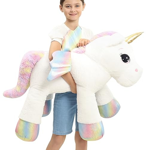 FFxiong 44 Inch Giant Unicorn Stuffed Animal Pillow, Cute Soft Big Unicorn with Rainbow Wings Large Plush Toy, Gifts for Girlfriend Girls Boys Kids Birthday Valentines Christmas